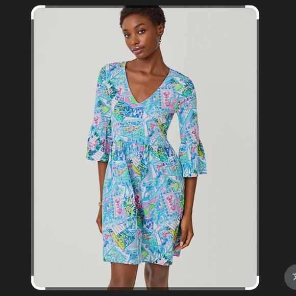 Lilly Pulitzer Dresses & Skirts - Lilly Pulitzer Jannie v-neck Colorful Patterned Dress with 3/4 Bell Sleeves NWT